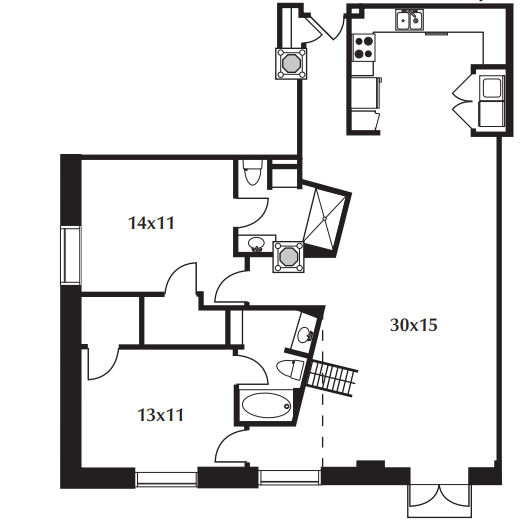 Floor plan for 1 bed, 1 bath, 1335 sqft
